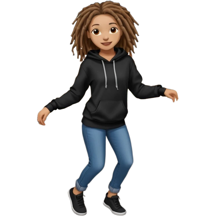 African American girl light skin with shoulder length brown deadlockswearing plain black hoodie wearing skinny jeans dancing in street emoji