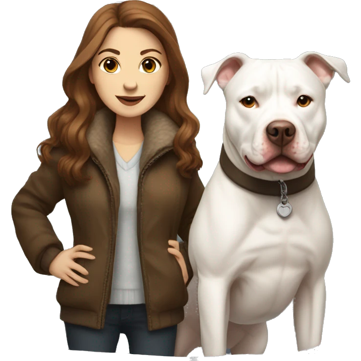 white woman with long brown hair in a furry jacket standing alongside a white pitbull emoji