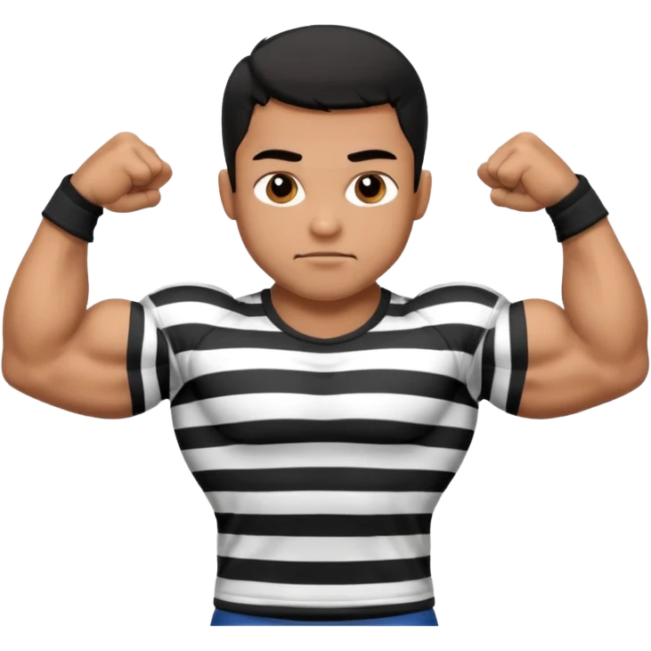Prisoner with prison black and white striped tshirt flexing biceps emoji
