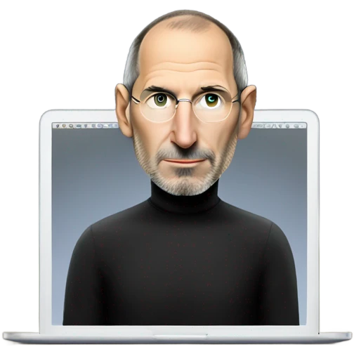 Steve Jobs wearing a black turtleneck using a MacBook. facing forward emoji