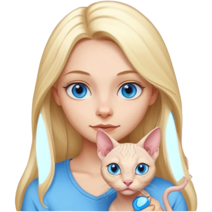 blonde girl with long hair and blue eyes and a sphynx cat sitting together, emoji style emoji