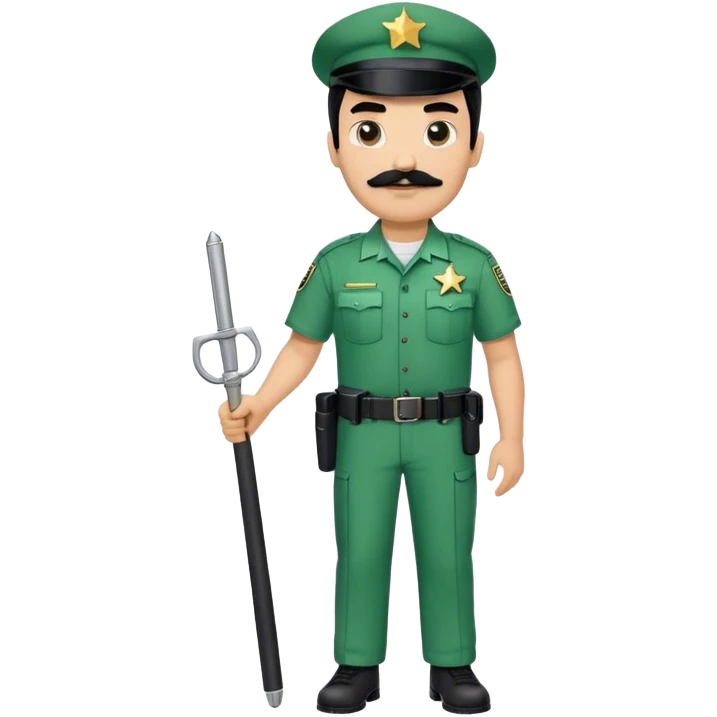 Chill guy in correctional officer green uniform. Full body. Black hair black mustache.  Light brown skin tone. Star badge. With duty belt and baton. emoji