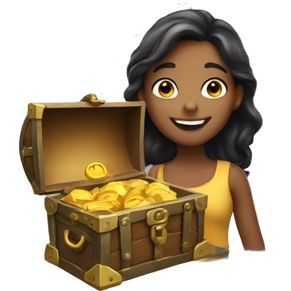 smiling girl with treasure chest emoji