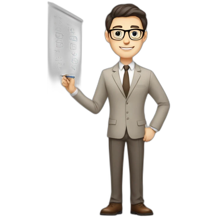 Pale skinned fit man with dark brown hair in gray jacket, beige office shirt, brown tie, brown pants and vintage glasses Writing text on the flipchart emoji