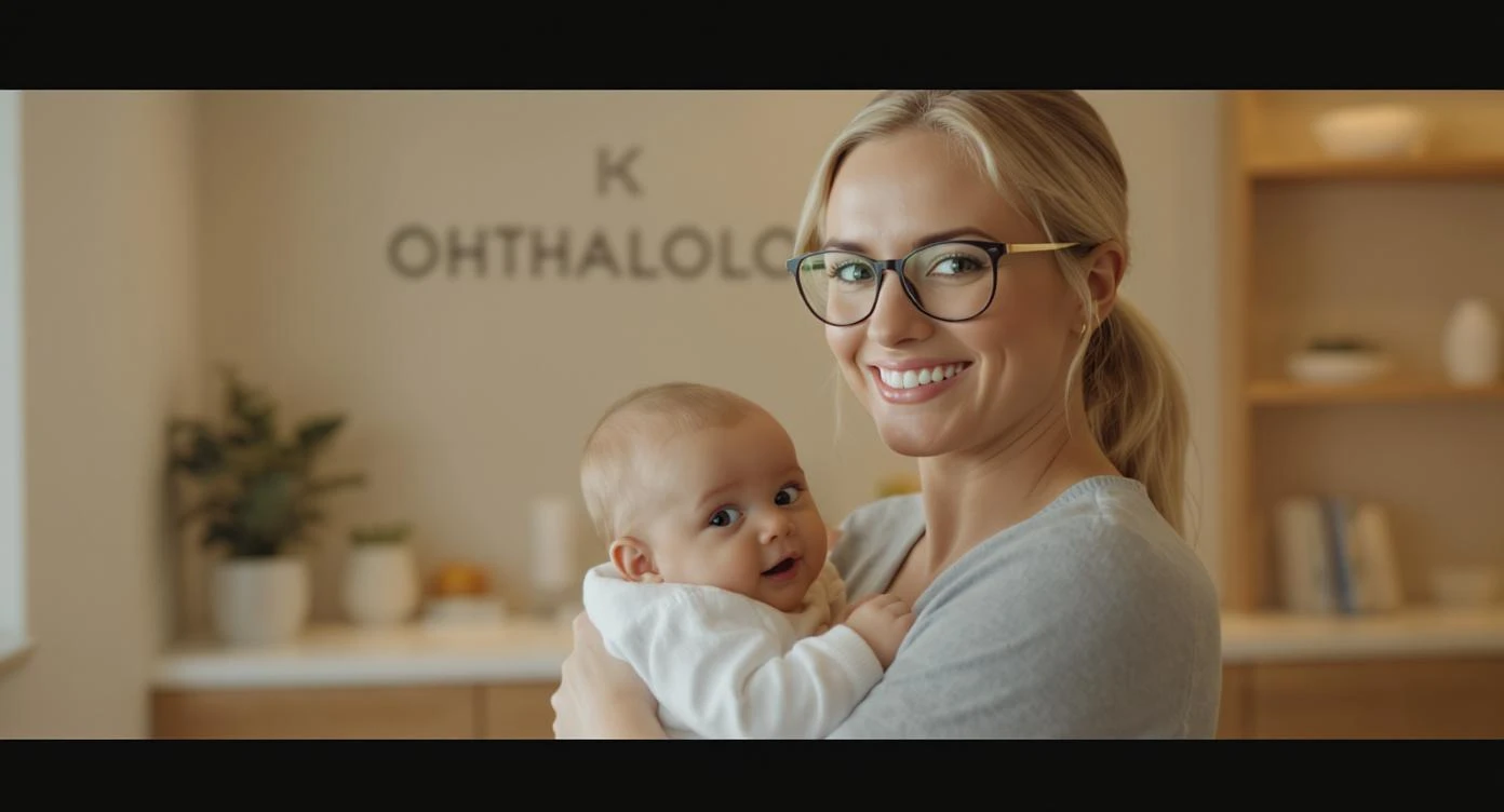 Cinematic still, Proffesional advertising of a smiling european white woman with glasses smiling holding baby, minimalistic ophthalmologist interior in background, leading  lines, "rule of thirds", 60/30/10 colors, soft light, warm colors emoji