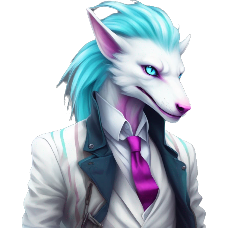 White badass elegant wild beautiful natural cute badass epic anthro modern albino sergal-vernid-creature with cyan mane and magenta eyes with cyan edgy stripes, full body, blue pretty hair, outside, modern, aesthetic, art by LiLaiRa, art by art by Falvie emoji