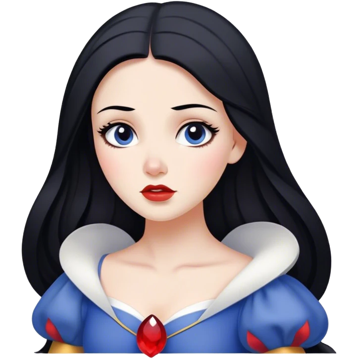 Cinematic Serene Snow White Portrait Emoji, rendered in a simplified vector style. Depict a gentle Snow White (chest and above) with flawless porcelain skin and flowing raven hair, her kind eyes and calm expression exuding a quiet, enchanting charm. The image glows softly with an inviting, pure light and is outlined with a subtle glow. emoji