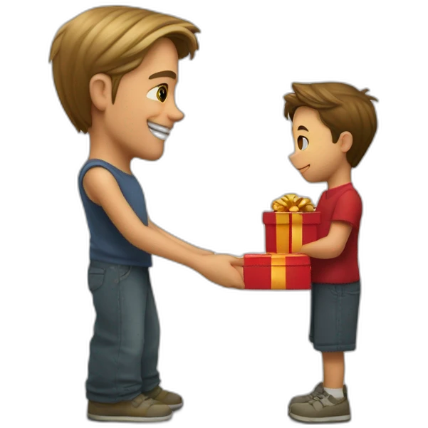 Brad Pitt on the left giving a red present to a smaller young student on the right emoji
