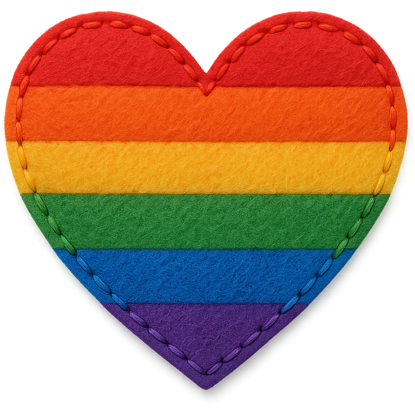 pride heart, stitched edges, fabric texture, rainbow colors emoji