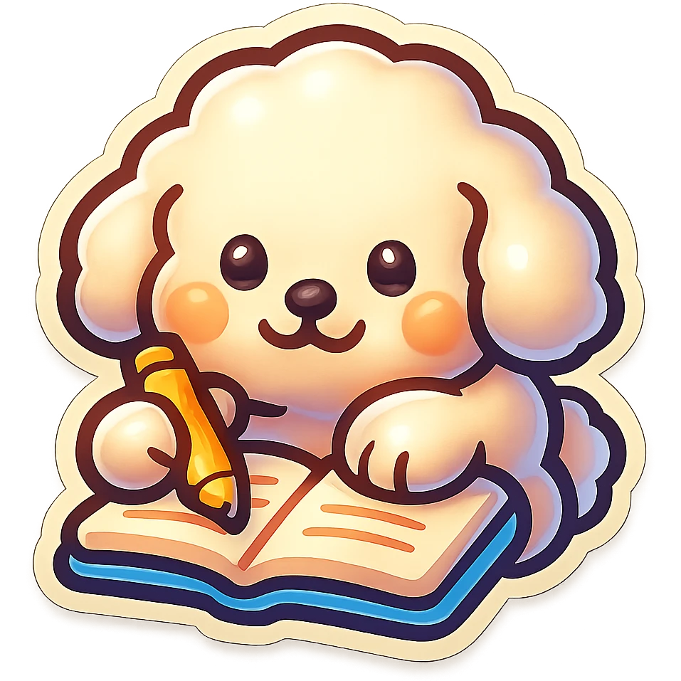 Create a WhatsApp sticker style image of a cute dog studying. Remove the background completely and keep only the dog. Add a white border around the dog for a sticker effect. emoji