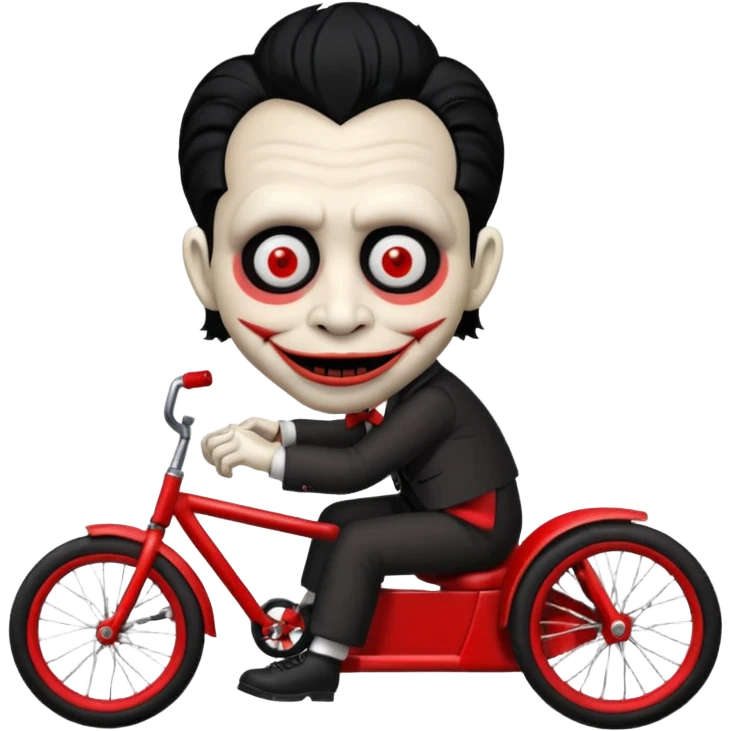 Billy the puppet from Saw, close-up on tricycle, emoji style, red spiral cheeks, black hair, red eyes, red tricycle emoji