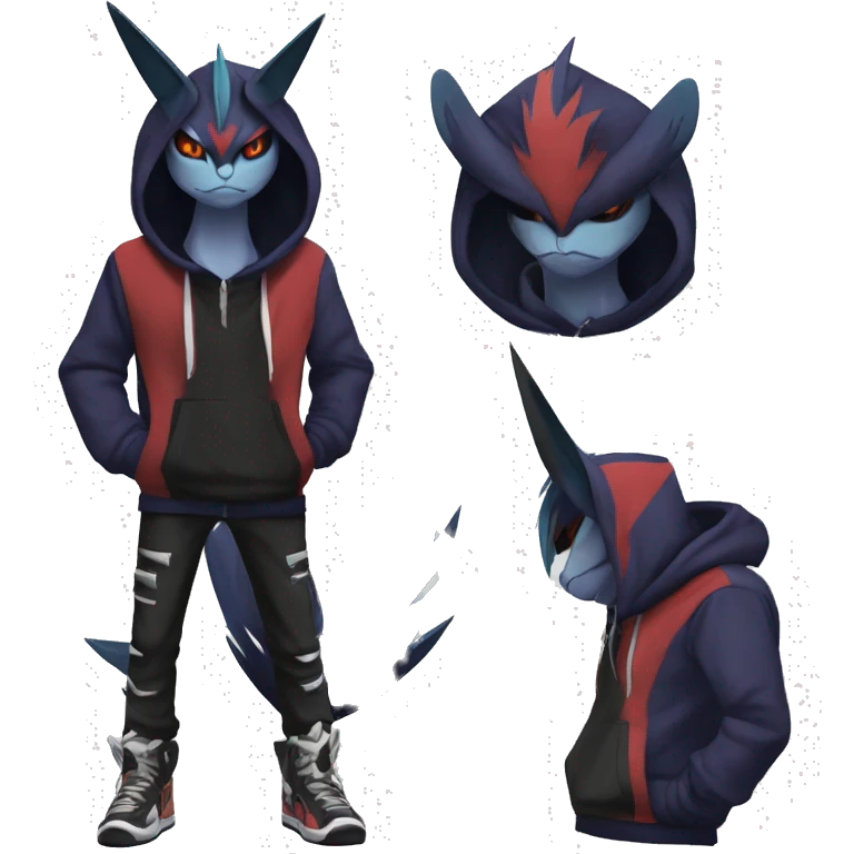 Cool Dark Edgy Absol-Noivern-Quilava-Litten-Pokémon with edgy stripes hoodie spiked collar punk Full Body emoji