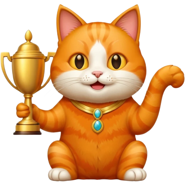 happy cat next to a giant trophy emoji