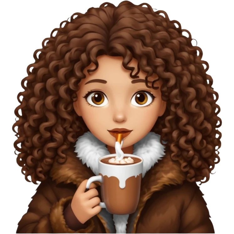 tanned girl with long brown curly hair, drinking hot chocolate , wearing oversized fur jacket emoji
