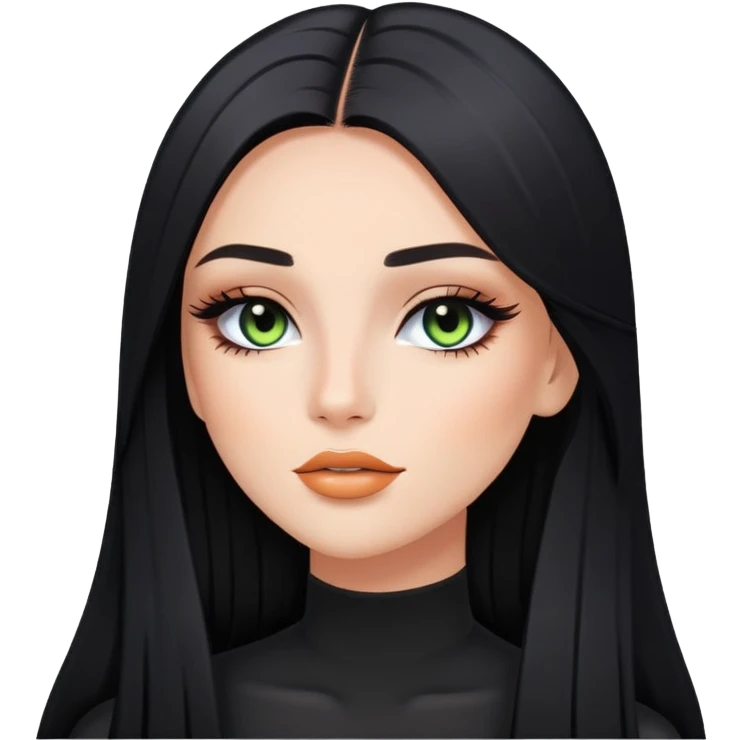 A female influencer with black straight long hair and a glowy makeup emoji
