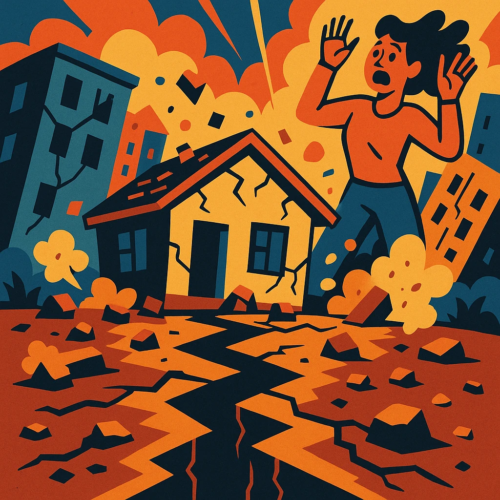 an earthquake, dramatic scene, ground cracking, debris, expressive style emoji