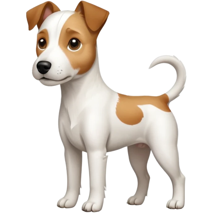 a full body large white parson russell looking dog the size of a kelpie with light brown flopped down ears and a light brown patch on one eye and a large snout emoji