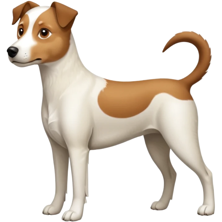 a full body large white parson russell looking dog the size of a kelpie with light brown flapped down ears and a light brown patch on one eye and a large snout emoji