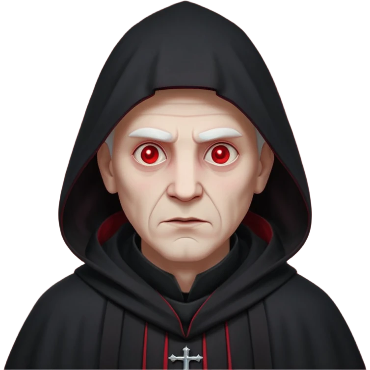 cursed village priest portrait, head and shoulders only, dark hooded robe, mysterious expression, subtle red accents, eerie glow, gothic village atmosphere, 3D cartoon, mobile game icon style, clean background, no text, no watermark

 emoji