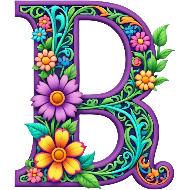 3D, gothic style psychedelic colored capital Letter “J” with hippie style flower border emoji