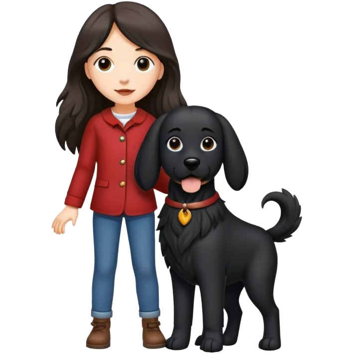 A long-haired girl is holding a big black dog with standing ears emoji