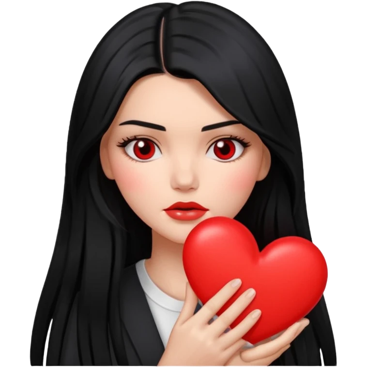A Kendall Jenner with long black hair is sad and holds a red heart in her hands emoji