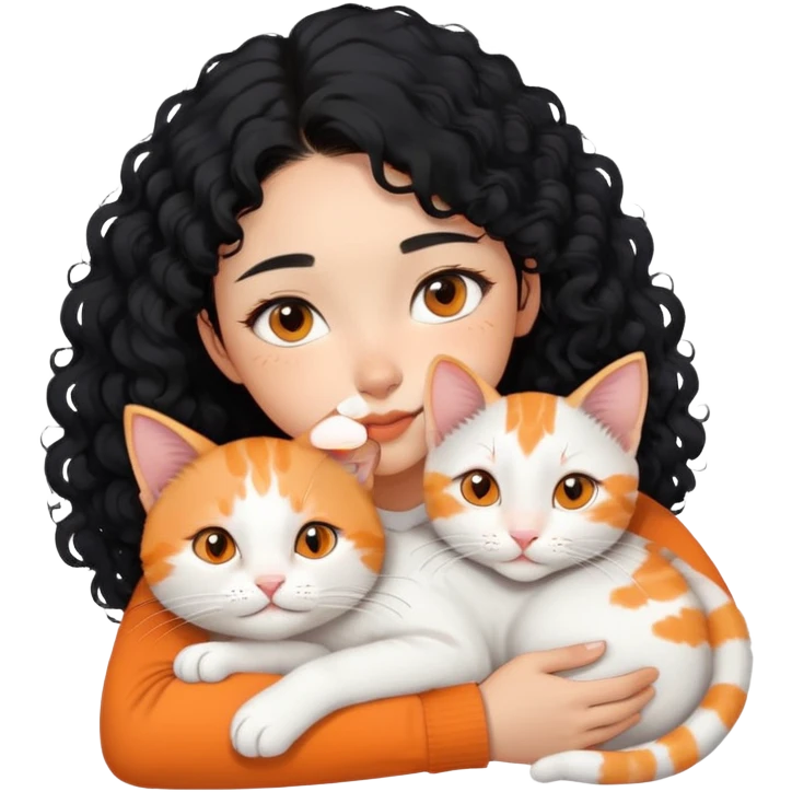 Asian girl with curly black hair and the cat is lying on her shoulder, cat is mostly white with orange markings, tender moment emoji