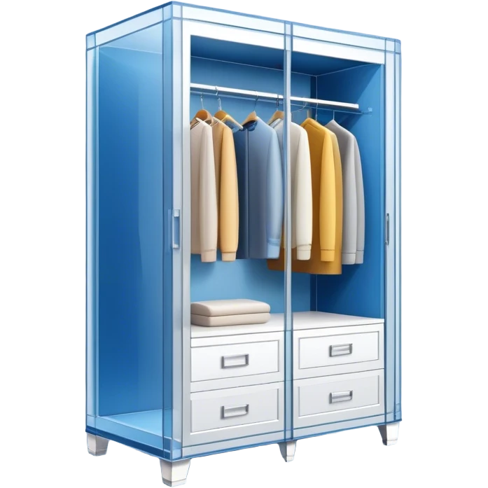 Icon for Furniture Design: a semi-transparent 3D wardrobe on top of a blueprint, with design metrics and measurements around it. The icon should represent the design and development process of furniture. Transparent background. emoji