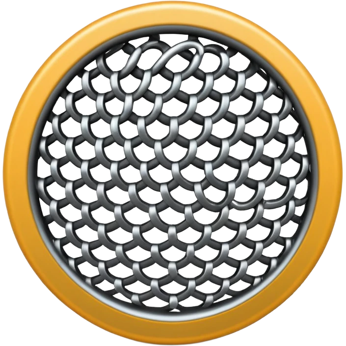 3D render of Speaker Grille, made of interlocking chainmail metal rings, wire mesh texture, visible holes and negative space, metallic silver and grey, high contrast shadows, emoji style, isolated on white background --v 6.0. emoji