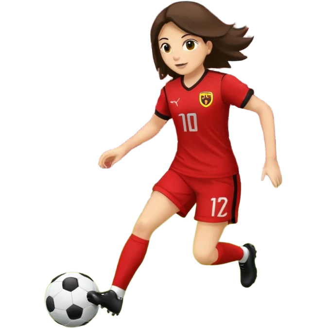 kumral bir kadın sarı kırmızı bir formayla futbol oynuyor emoji