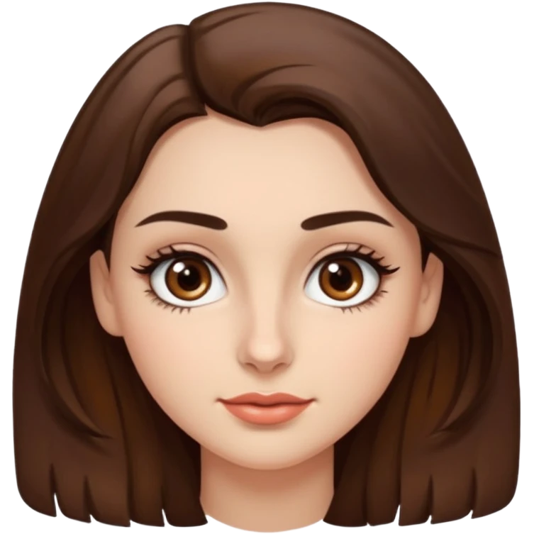 uma mulher com cabelo curto, castanho, levemente ondulados e um pouco abaixo do ombro, sobrancelhas grossas e cílios grandes. Cor da pele é branca e olhos castanhos e um pequeno sinal na bochecha direita.  emoji
