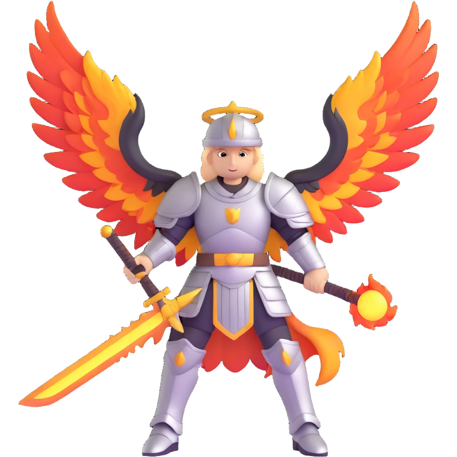 Archangel Michael in armor with flaming sword and large wings emoji
