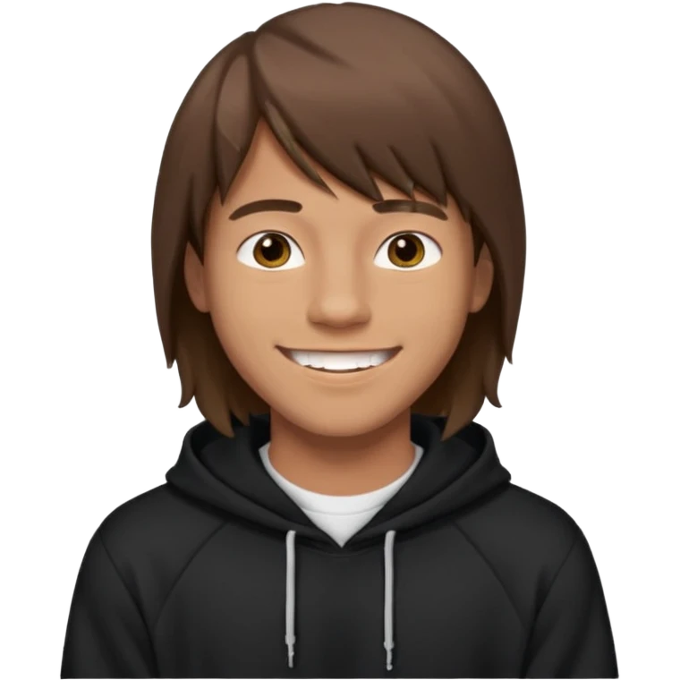 20 yr old man, brown hair, straight, big smile, white teeth, tanned skin, bangs, black hooded sweatshirt, long hair in back, middle parted bangs emoji