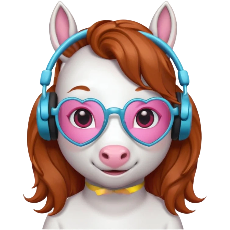 headphone wearing unicorn with dark ginger hair and heart shaped spectacles emoji