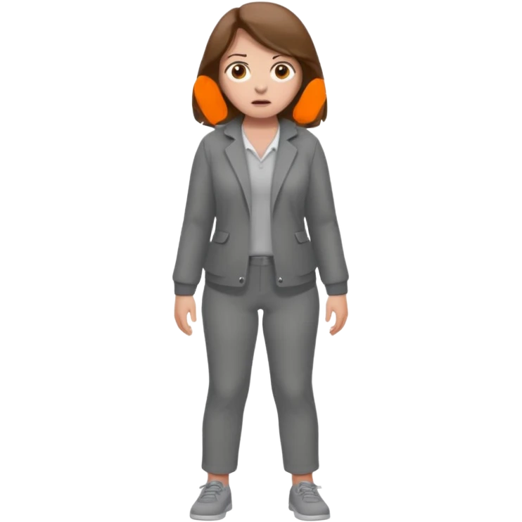 Chica grande  asustada de cuerpo completo con pelo castaño pantalones grises y saco gris  emoji