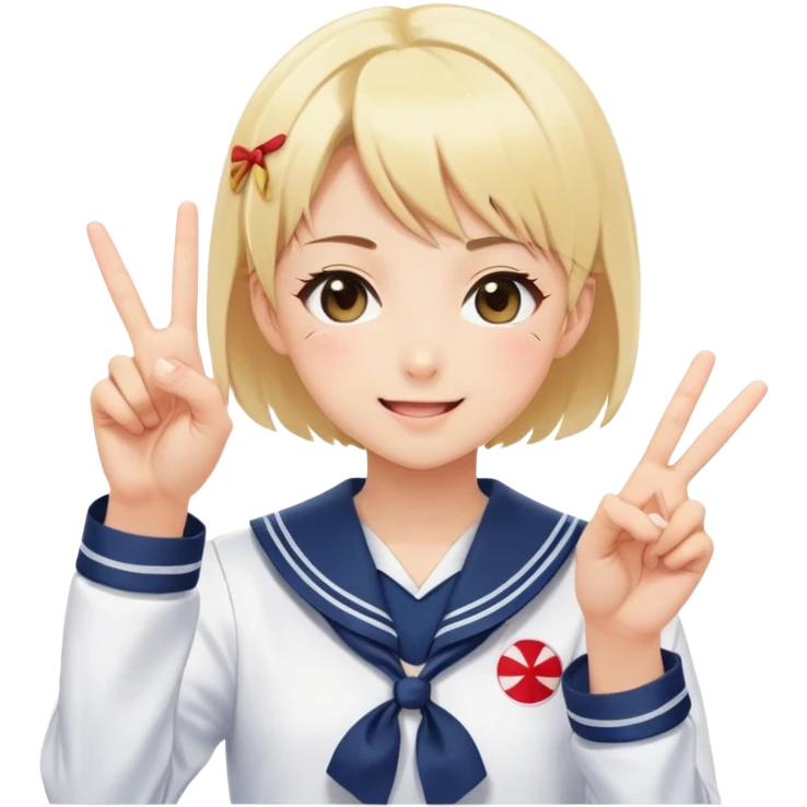 Energetic anime girl with short blonde hair wearing Japanese sailor style school uniform, winking and making double peace signs, very cheerful and bubbly, kawaii style emoji