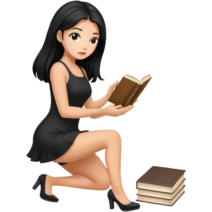 Bimbo in heels in black mini dress, long black hair tanned, pick up book from ground, emoji