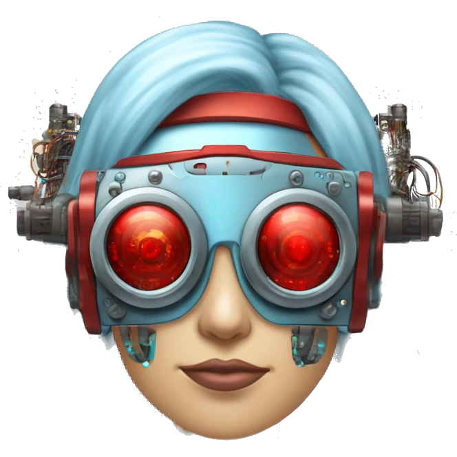 Light blue long hair female cyborg head with red steampunk goggles and circuits emoji