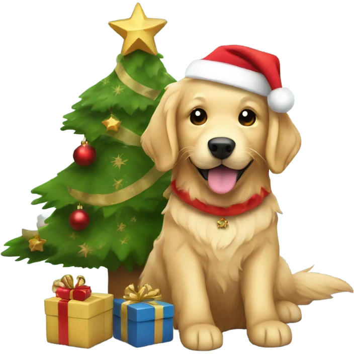 golden retriever dressed like santa under a christmas tree holding a gift emoji