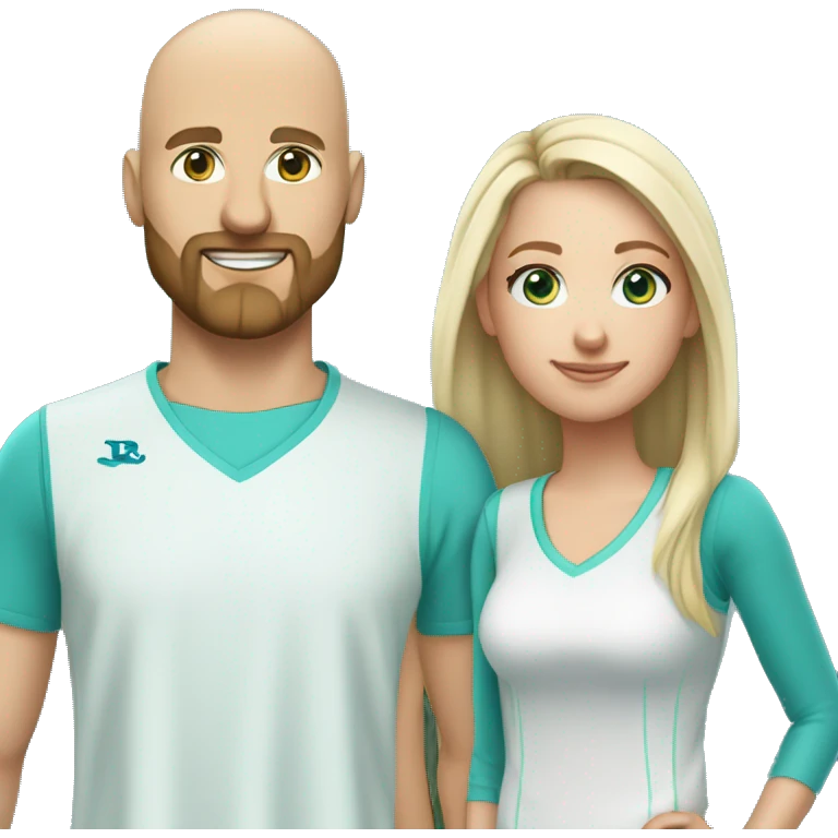 Same image but White couple. Male bald with beard. Aqua eyes. Woman long blonde brown highlight hair. 35. Aqua eyes. In pickleball clothes  emoji