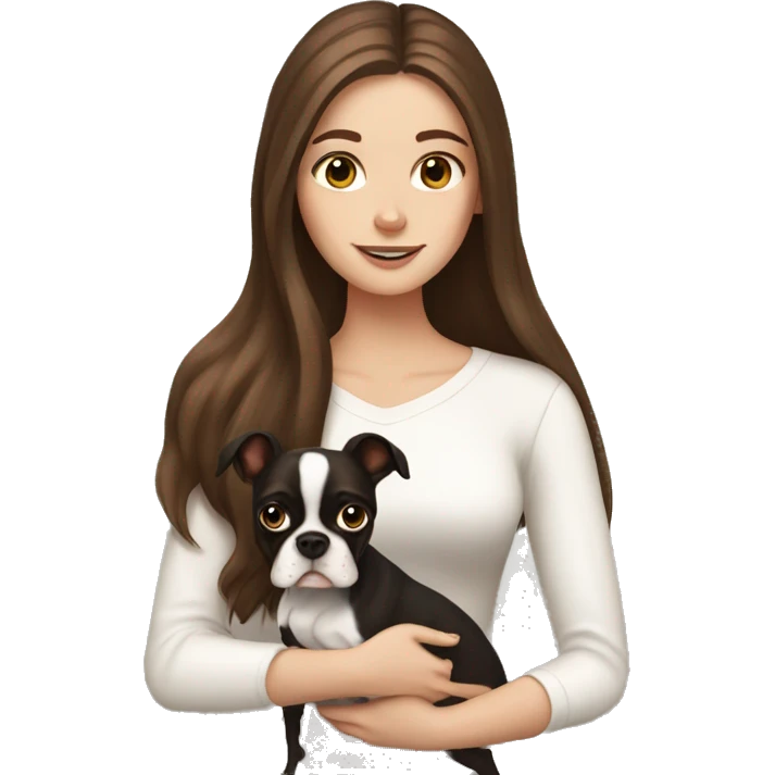 white girl with long brown hair holding a boston terrier  emoji