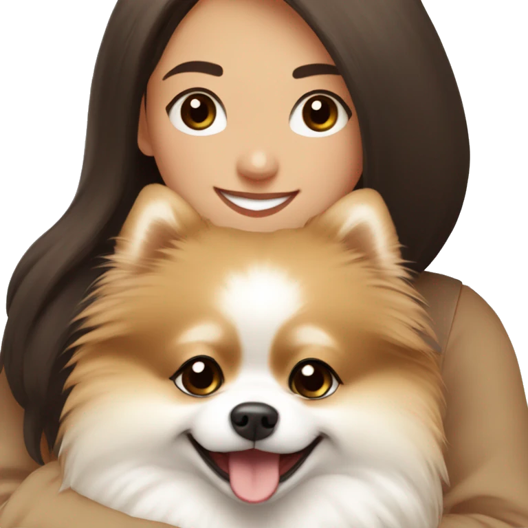 beige and white Pomeranian in the hands of a white young woman with dark brown hair smiling and cuddling the dog  emoji