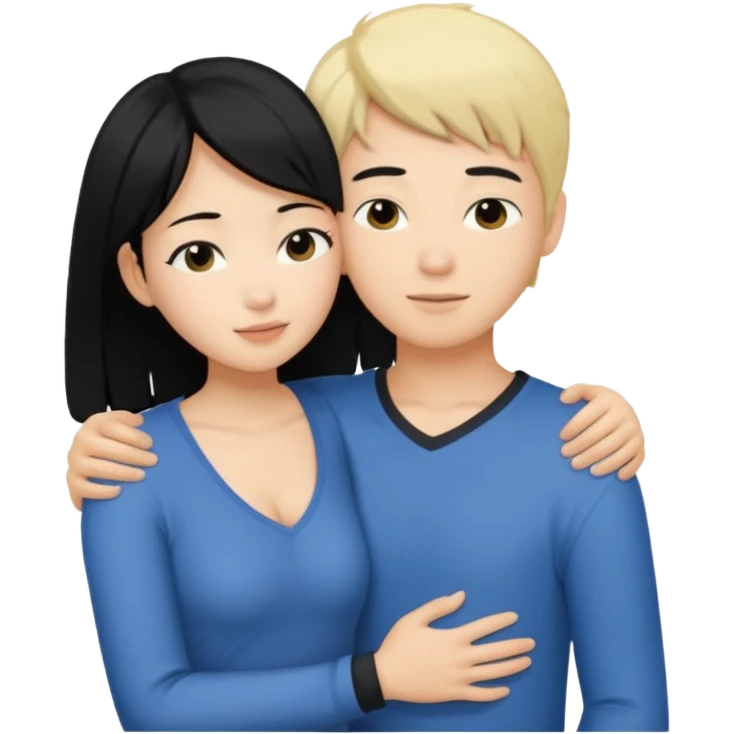 Sexy elderly asian woman with extremely large breasts hugs a blonde haired boy.  The asian woman is wearing a low cut top and has black hair emoji