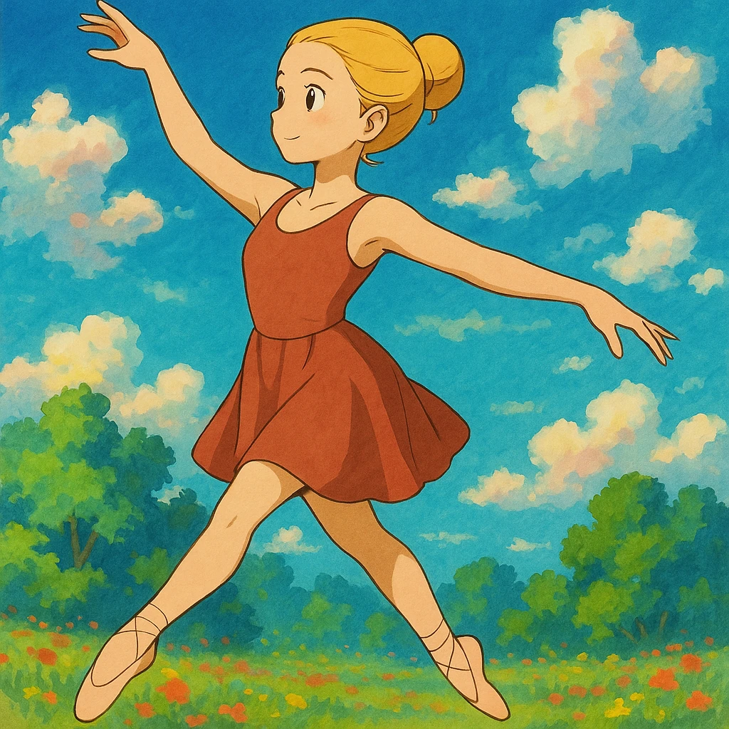 Add a vibrant, colorful background behind Dana Dawson in a dance pose, keep the original ghibli style emoji