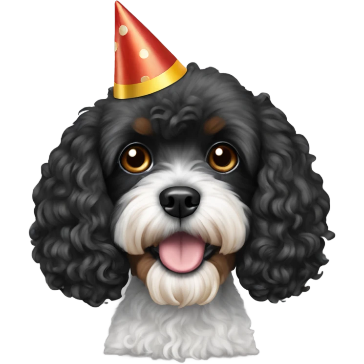 Fully black Cavapoo with a birthday cap emoji