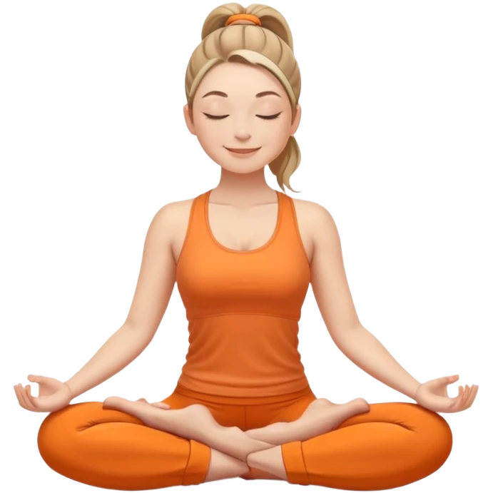 white woman with ponytail hairstyle, sitting in lotus position, eyes closed with a subtle happy smile, wearing orange yoga outfit emoji