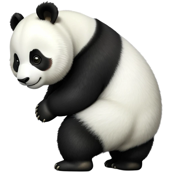 cinematic-[panda bear]-realistic-full-body-standing on all fours-emoji,-tail-tucked-close,-head-tilted-dramatically,-thick-[black and white]-fur,-simplified-yet-realistic-focused-features,-highly-detailed,-glowing-with-an-almost-sarcastic-glow emoji