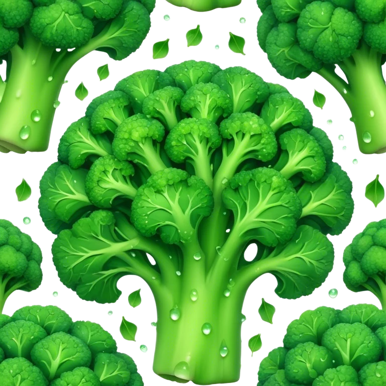 Cinematic lush green broccoli, detailed florets glistening with dewdrops, ultra-fresh and vibrant, soft glowing background, healthy and delicious. emoji
