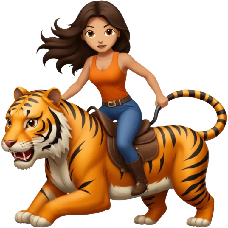 Super sexy long haired brunette riding large mean ferocious tiger emoji
