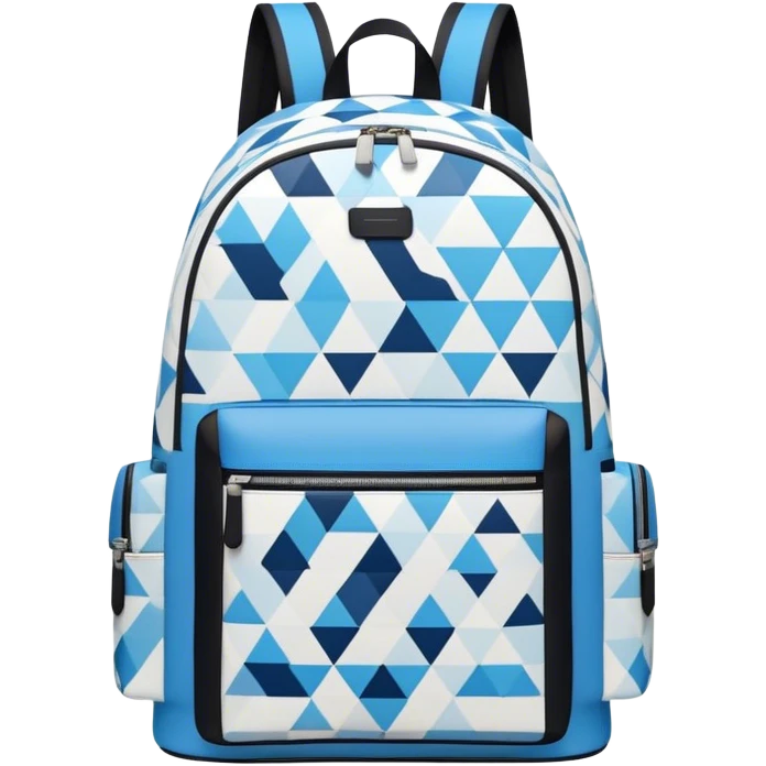 A stylish cute  backpack, medium-sized, with a modern design in blue and black. It features a geometric pattern of subtle triangles across the front pocket, giving it a sleek yet dynamic look, front view emoji